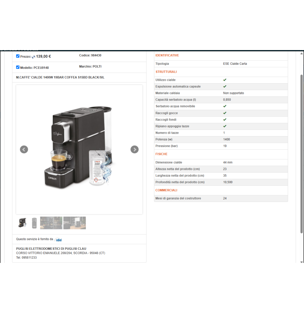MACCHINA DA CAFFE' POLTI COFFEA S15 NERA