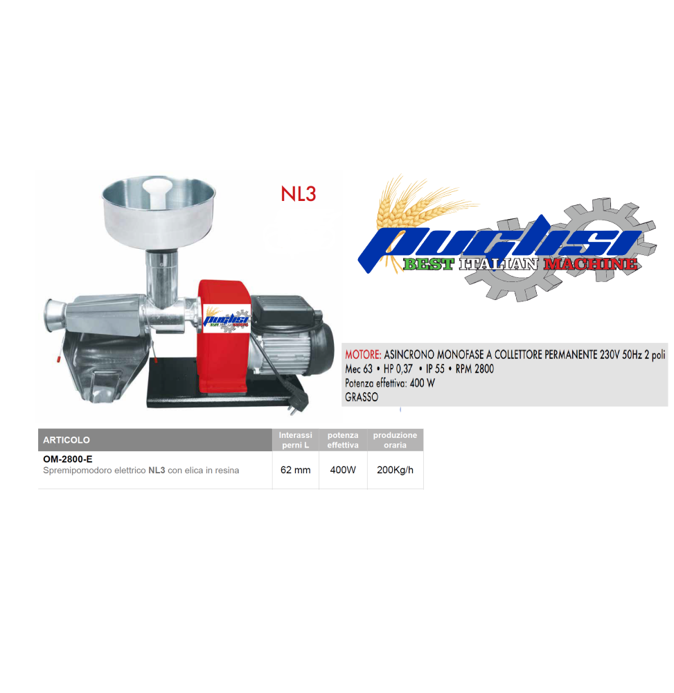 PASSAPOMODORO SPREMIPOMODORO PROFESSIONALE NL3 NEW OMRA 400W ELICA IN RESINA